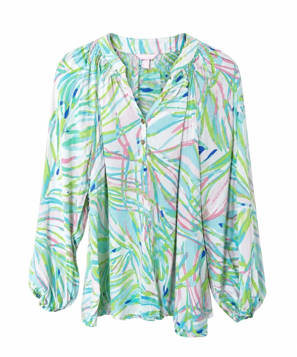 Lilly Pulitzer Elsa Silk Blouse Top Skye Blue Salute Size Large